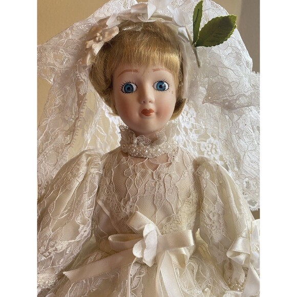 BRIDE Porcelain Doll Wedding Dress Veil Flowers Blonde Hair Blue Eyes Boots 17in - Picture 2 of 5